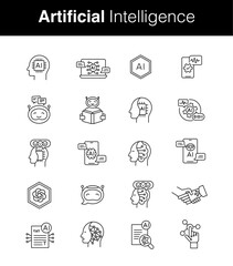 Artificial Intelligence Icon Set. AI Icons
AI Symbol Set. Intelligent Machines Icons.
Machine Learning Icons. Deep Learning Icons
Natural Language Processing Icons. Editable Stroke Vector Line Icons.