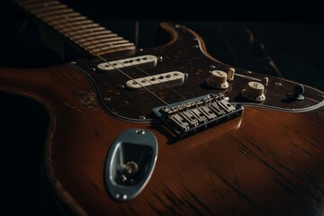 Fototapeta na wymiar Old electric guitar on dark backdrop. Generative AI