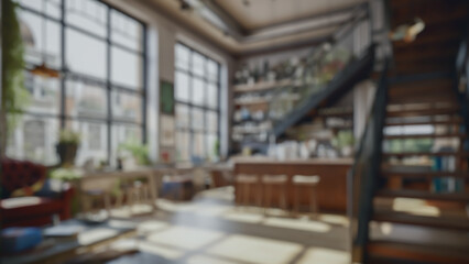 Architectural 3D Rendering Of Coffee Shop With Staircase Blurred Background Illustration