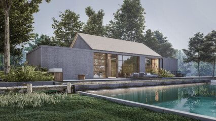 Architecture 3d rendering illustration of minimal modern house with swimming pool 
