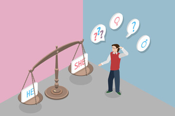 3D Isometric Flat Vector Conceptual Illustration of Thinking About Gender Roles, Gendered Pronouns