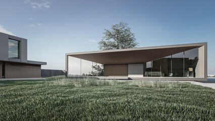 Fototapeta na wymiar Architecture 3d rendering illustration of minimal modern house with natural landscape