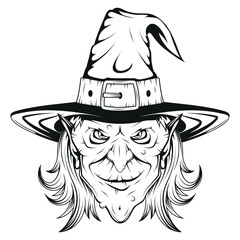 Witch. Vector illustration of a sketch scary witch in a classic hat. Halloween holiday celebration, fantasy and magic on all hallows eve in autumn season.