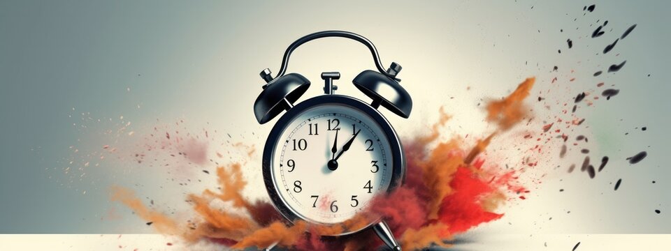 transience of time, retro alarm clock exploding dissolving flurry of dust particles, banner