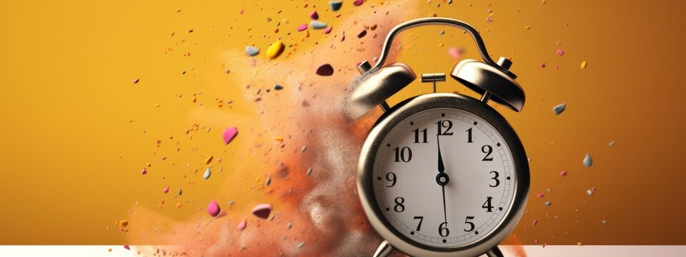 wake-up concept, vintage alarm clock ringing and exploding into dynamic fragments dust banner