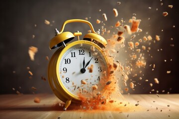 wake-up concept, yellow vintage alarm clock ringing and exploding into dynamic fragments burst