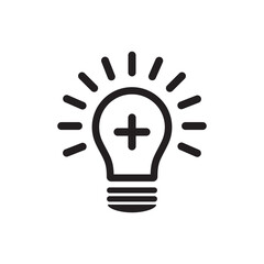 Medical Bulb vector icon. Create idea icon. Add icon. Plus symbol. Light bulb icon. Lamp illustration. Positive thinking concept.