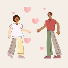 Love couple. Happy man and woman. Two valentines, romantic partners together. Solidarity, support concept. Flat vector illustration isolated on white background