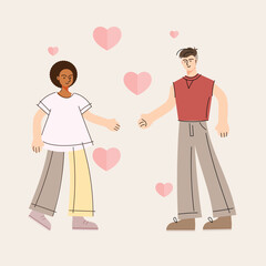 Love couple. Happy man and woman. Two valentines, romantic partners together. Solidarity, support concept. Flat vector illustration isolated on white background