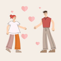 Love couple. Happy man and woman. Two valentines, romantic partners together. Solidarity, support concept. Flat vector illustration isolated on white background