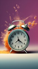 Obraz na płótnie Canvas wake-up, vintage alarm clock exploding into colorful dust pain splashes, vertical pink background