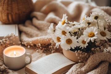Obraz na płótnie Canvas A chamomile-themed flat lay arrangement with chamomile tea, fresh flowers, a book, and a cozy blanket, creating a cozy and inviting scene ideal for lifestyle-related concepts. Generative AI
