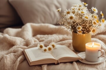 Fototapeta na wymiar A chamomile-themed flat lay arrangement with chamomile tea, fresh flowers, a book, and a cozy blanket, creating a cozy and inviting scene ideal for lifestyle-related concepts. Generative AI