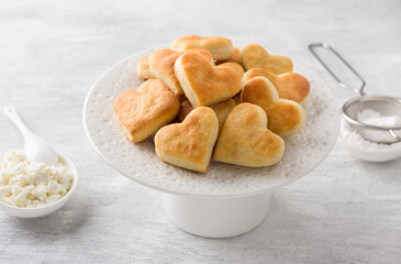 Soft curd cookies on a white plate with a strainer of powdered sugar on a light gray background. Delicious homemade cookies
