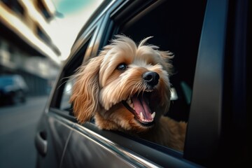 Happy dog driving in the car and looking through the window during golden hour