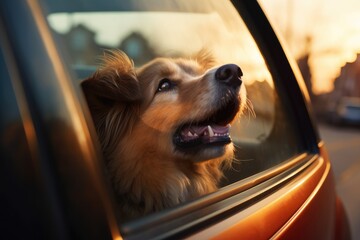 Happy dog driving in the car and looking through the window during golden hour