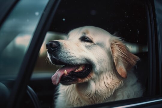 Happy dog driving in the car and looking through the window during golden hour