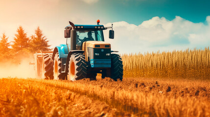 Farmer in a tractor in a wheat field. Generative AI.