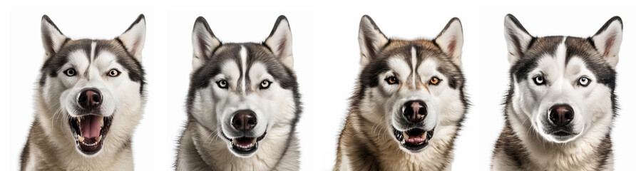 Siberian husky dog collection with different expressions isolated on white background, Generative AI
