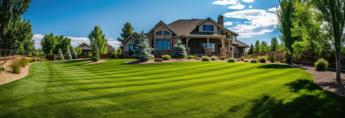 Lawn mower on perfect cut green grass. Generative Ai Illustration. - obrazy, fototapety, plakaty