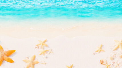 Obrazy na Plexi  Sea themed banner or header with beautiful shells, corals and starfish on pure white sand, generative ai