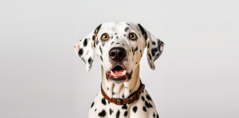 Studio portrait Dalmatian dog surprised facial expression isolated on white background, Generative AI