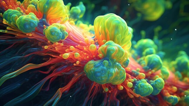Fantastic abstract alien organic tissue. Microbiology research. Generative AI. Illustration for for banner, poster, cover, brochure or presentation.