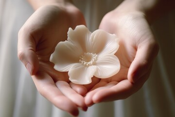 A close-up shot of a woman's hands holding a flower-shaped wax shaving product, highlighting the connection between femininity, nature, and personal grooming. Generative Ai