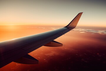 Fototapeta na wymiar Airplane wing in the sky at sunset