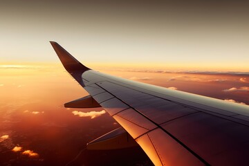 Airplane wing at sunset