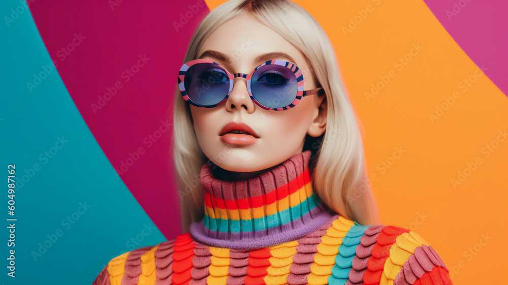 Wall mural fashion woman colorful, the bold eclectic fashion styles of the Y2K era. dressed in the latest fashion trends of the time, including chunky shoes, low-rise pants, crop tops, and oversized sunglasses