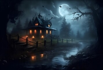 " halloween night scene with haunted house"Ai