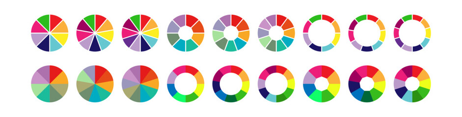 set of colored pie charts for 8,9,10 steps or sections to illustrate a business plan, infographic, reporting.