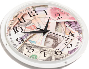 Clock face with International currencies. Time is money concept - obrazy, fototapety, plakaty