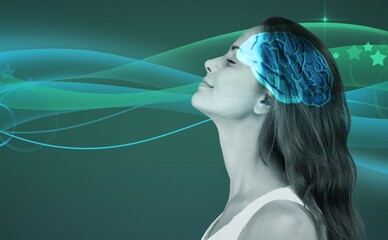 Young woman closed eyes and image of brain.