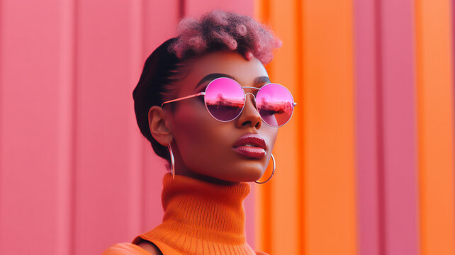 fashion woman colorful, the bold eclectic fashion styles of the Y2K era. dressed in the latest fashion trends of the time, including chunky shoes, low-rise pants, crop tops, and oversized sunglasses