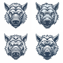Fototapeta premium Wild gray pig, face only, 2 large tusks coming up from his closed mouth, in the style of college sports logo with generative AI