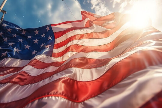 Beautifully waving American flag with a sunny sky background. Generative AI