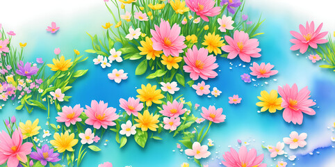 Fototapeta na wymiar Spring flowers watercolor paint. AI generated illustration