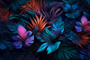 Tropical leaves in blue and purple on a black background, in the style of lo-fi aesthetics. Generative Ai Illustration.

