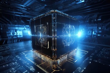 Futuristic central processor unit. Powerful Quantum CPU on PCB motherboard with data transfers.
