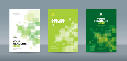 Random transparent squares on light and dark green and white background, book cover template