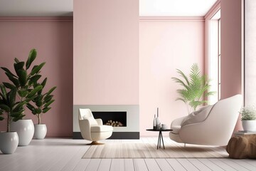Stylish living room interior design, pink soft chair, plants and fireplace . AI Generated Generative AI