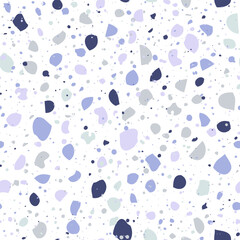 Purple terrazzo flooring seamless pattern. Cute abstract neutral background. Vector texture of mosaic floor. Lilac, purple and grey colors. Trendy repeat design for decor, wallpapers, print