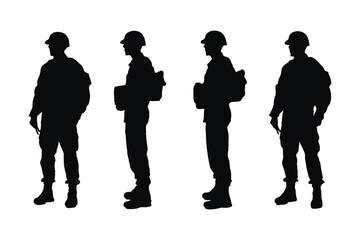 Male soldier standing with weapons silhouette set vector. Anonymous male armies without faces standing in different positions. Modern infantry soldiers wearing uniform silhouette bundle design.