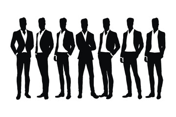 Male businessman wearing suits and standing silhouette set vector. Anonymous male businessmen without faces standing in different positions. Modern office employees wearing uniform silhouette bundles.
