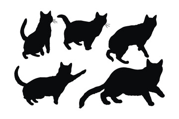 Feline jumping design on a white background. Cute home cat silhouette set vector. Cat jumping silhouette bundle design. Cute cat walking in different positions silhouette collection.