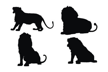 Obraz premium Lion roaring silhouette vector on a white background. Wild lion silhouette set vector. Male lion silhouette bundle design. Carnivore animals sitting in different positions silhouette collection.