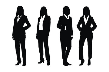 Female lawyers standing and wearing uniforms silhouette collection. Anonymous woman counselor and lawyer silhouette set vector. Female lawyer models with anonymous faces silhouette bundle.