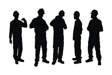 Male engineers wearing uniforms silhouette set vector on a white background. Engineer standing in different position silhouette collection. Engineers and construction workers with anonymous faces